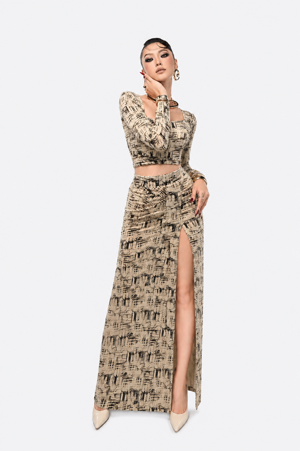 Elegant Printed Co-Ord Set for Women | Crop Top & Skirt