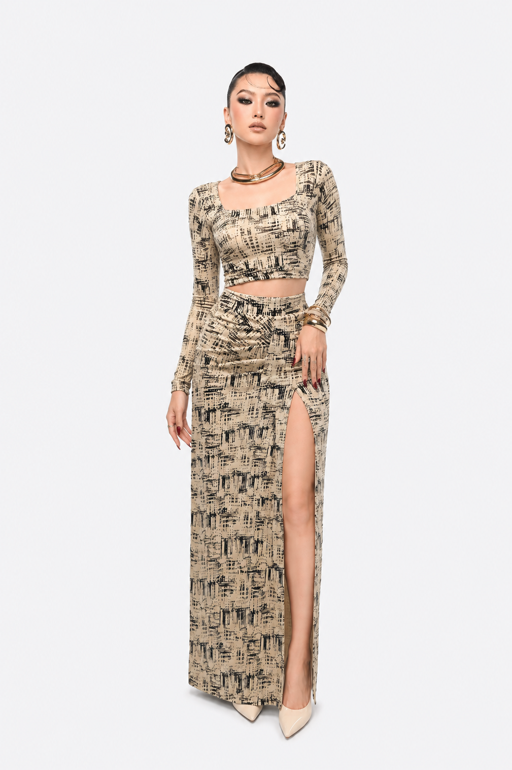 Elegant Printed Co-Ord Set for Women | Crop Top & Skirt