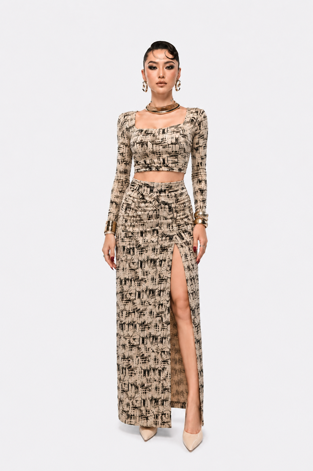 Elegant Printed Co-Ord Set for Women | Crop Top & Skirt