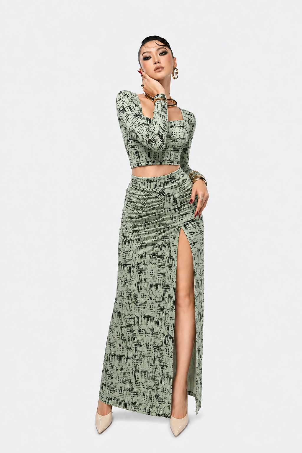 Elegant Printed Co-Ord Set for Women | Crop Top & Skirt