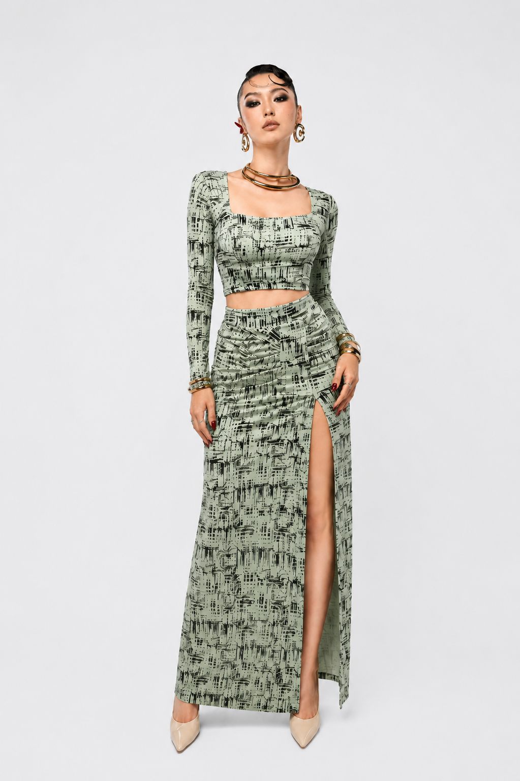Elegant Printed Co-Ord Set for Women | Crop Top & Skirt