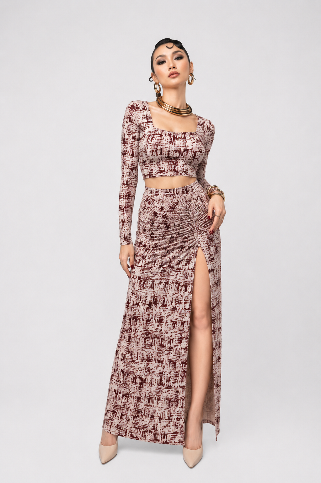 Elegant Printed Co-Ord Set for Women | Crop Top & Skirt