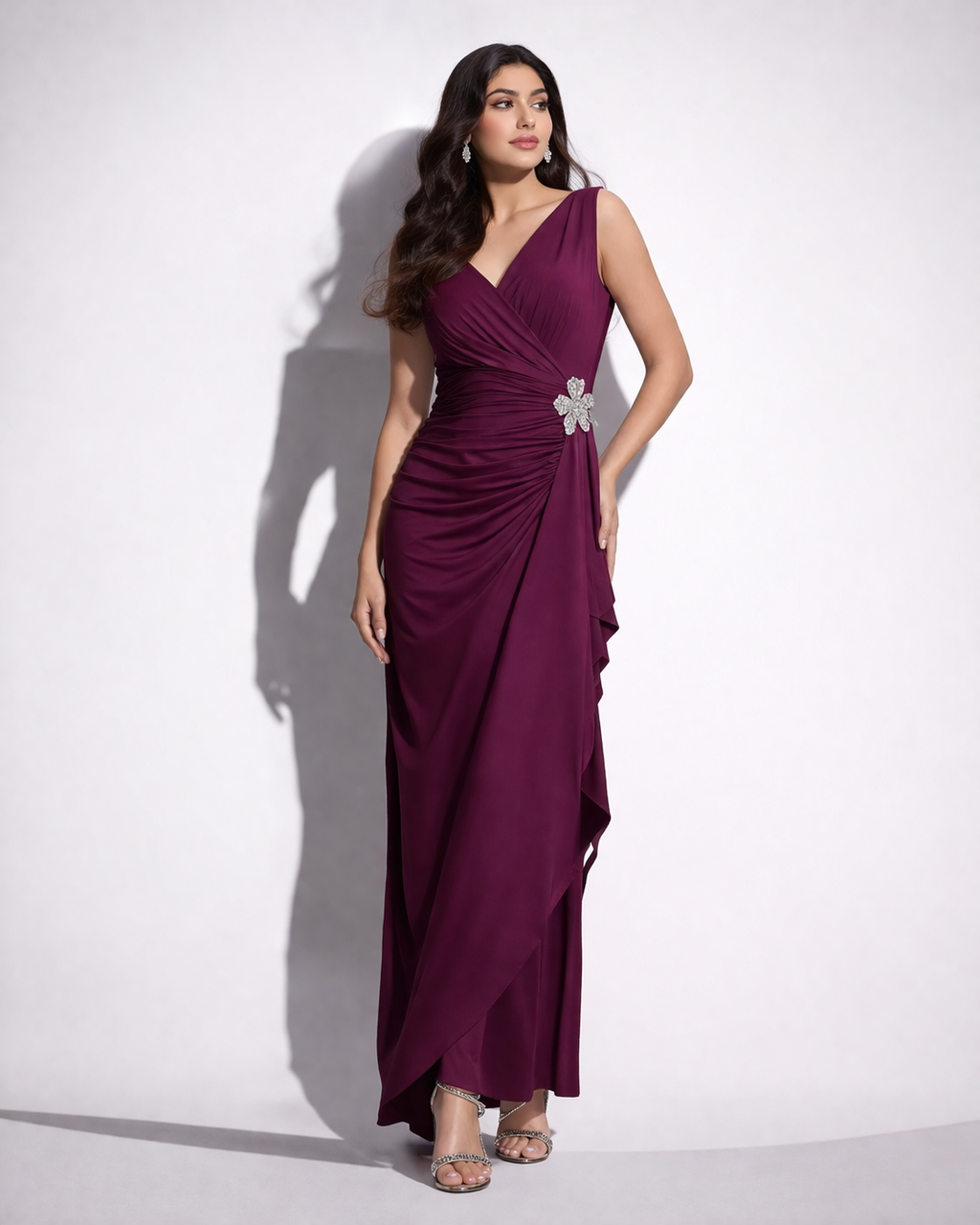 Elegant Draped Maxi Gown for Women | V-Neck Evening Party Dress