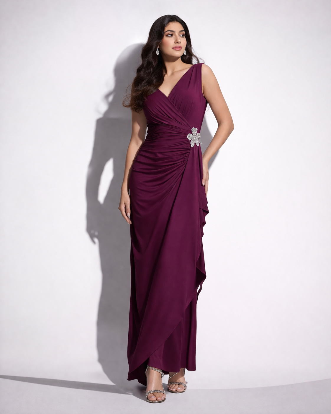 Elegant Draped Maxi Gown for Women | V-Neck Evening Party Dress